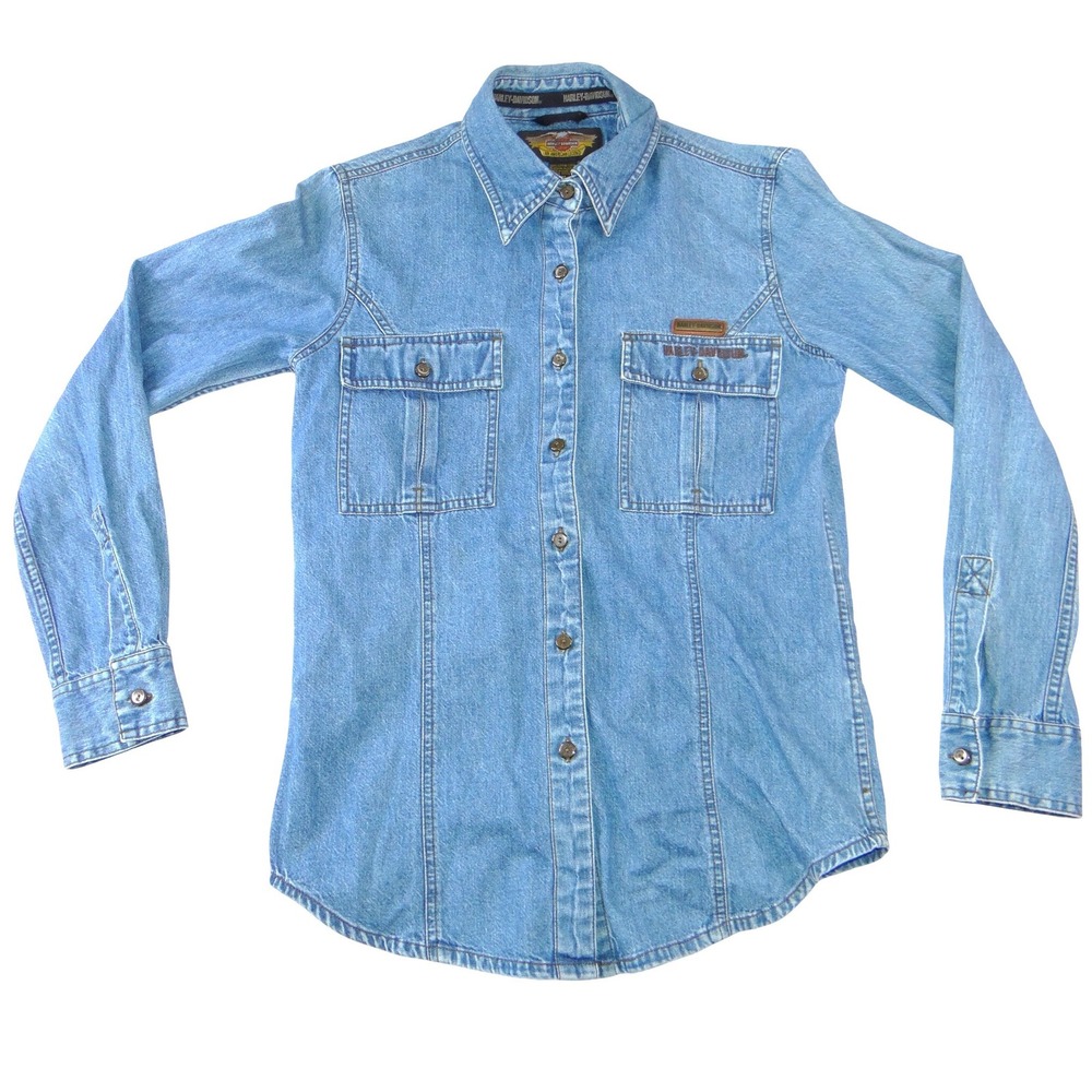 Harley‎ Davidson Mens Blue Denim Long Sleeve Button Up Shirt Embroidered Logo